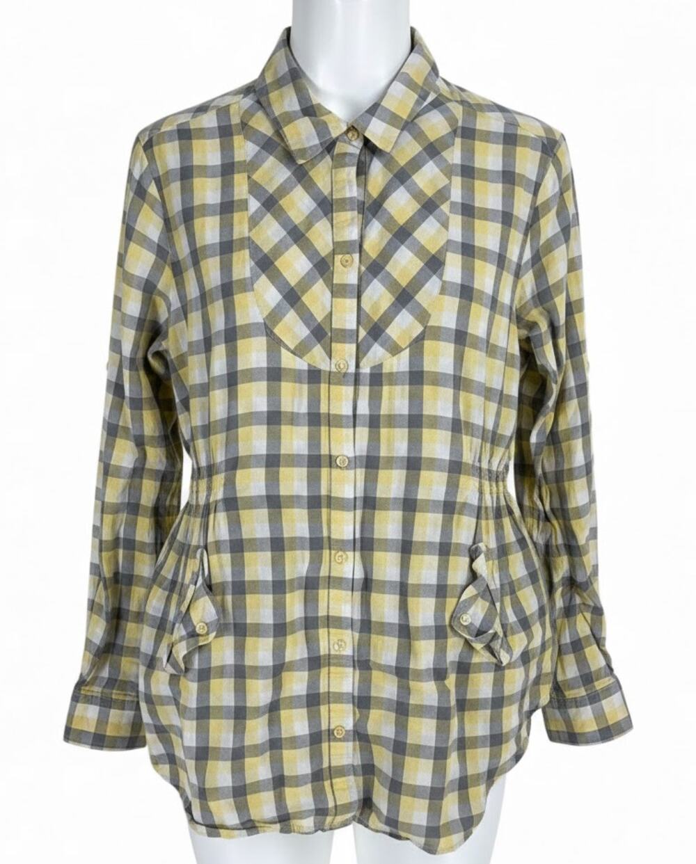 OP Shirt Women XL Yellow Gray Plaid Button Up Shirt Long Sleeve Pockets Cotton